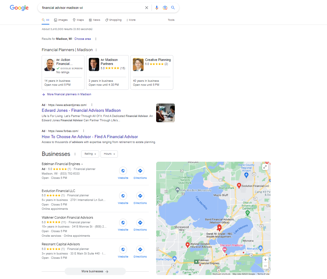 financial_advisor_local_seo_search_results Top results of a Google Search page for a local financial advisor, including Google Map